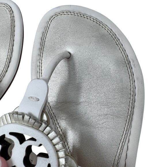 TORY BURCH Metallic Gold Cream Fringe Miller Logo Sandals Flip Flops Size 6.5 - Picture 7 of 12